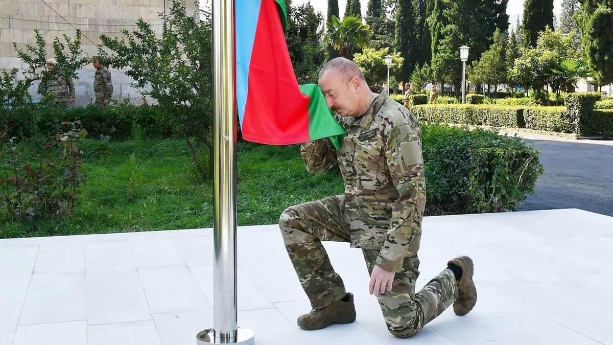 Azerbaijani President Ilham Aliyev raises his flag in Nagorno-Karabakh