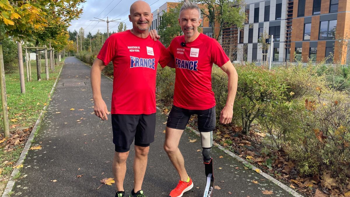 Frédéric, una persona con una pierna amputada, y Pierre, su ortoprotésico, se preparan para participar juntos en el maratón de Nueva York