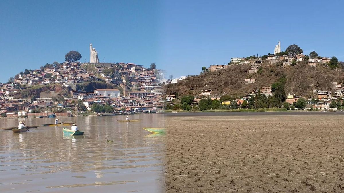 Sécheresse spectaculaire du lac mexicain de Pátzcuaro, un site touristique, illustrée par des photos avant-après impressionnantes.